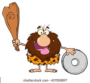 Happy Male Caveman Cartoon Mascot Character Holding A Club And Showing Wheel. Vector Illustration Isolated On White Background