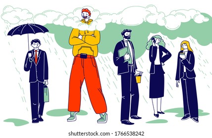 Happy Male Character in Bright Clothing Stand with his Head in Clouds surrounded with Sad Busy People in Formal Wear. Daydreaming, Creative Imagination and Positivity. Linear Vector Illustration