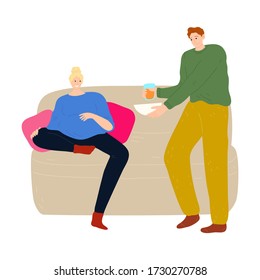 Happy male character caring for a pregnant woman. Vector illustration in the flat cartoon style.
