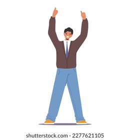 Happy Male Character Celebrate Success, Victory, Sports Fan or Businessman in Formal Clothes Waving Raising Hands Showing Thumbs Up Isolated on White Background. Cartoon People Vector Illustration