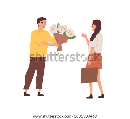 Happy male character giving bouquet of blooming flowers to smiling woman vector flat illustration. Enamored man courtship to beloved girlfriend isolated. Romantic person with gift on date
