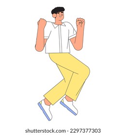 Happy male character jumping from joy, fun. Young excited man celebrating success, achievement. Free active man with positive energy. Concept for career, educational or personal success.