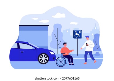 Happy male character meeting friend on wheelchair in street. Accessible parking sign flat vector illustration. Accessibility, disability, friendship, communication concept for banner or landing page