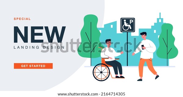 Happy male character meeting friend on wheelchair in\
street. Accessible parking sign flat vector illustration.\
Accessibility, disability, friendship, communication concept for\
banner or landing page