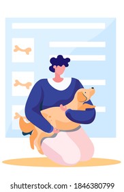 Happy male character petting a dog. The owner having fun with his pet. Blue list with symbols of bones. Feeding the pet on a timetable. The guy is sitting on the floor with a dog in his arms