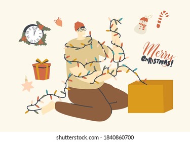 Happy Male Character Prepare for New Year and Xmas Winter Season Holidays Celebration. Man Pull Christmas Decor Out of Box, Garland, Balls, Toys for Decorating Fir Tree. Linear Vector Illustration