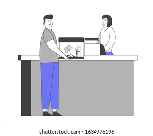 Happy Male Character Stand at Counter Desk in Pet Shop Paying to Saleswoman for Purchasing Aquarium with Fish and Decoration. Man in Zoo Market Buying Fishes. Flat Vector Illustration, Line Art