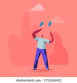 Happy Male Character Throw in Air Useless Medical Gloves Celebrate Covid19 Pandemic Finish. Coronavirus Quarantine End Concept. Happiness, Freedom, Stop Lockdown, Victory. Cartoon Vector Illustration