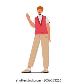 Feliz Carácter masculino ondeando mano, Ginger Haired Mustached Man in Casual Clothes Muestran Gesto de Bienvenida, Gestos Alegres, Lenguaje Corporal Aislado en Fondo Blanco. Ilustración del vector de dibujos animados