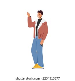 Happy Male Character Waving Hand, Young Man in Casual Clothes Show Welcome Gesture, Cheerful Gesturing, Greetings Body Language Isolated on White Background. Cartoon Vector Illustration