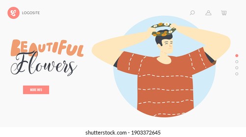 Happy Male Character Wear Wreaths of Beautiful Flowers and Herbs at Summer Landing Page Template. Young Man Sped Time Outdoors, Summertime Season Festival, Romance. Cartoon Vector Illustration