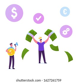 Happy Male Character Wearing Golden Crown on Head Demonstrate Money, Holding Huge Dollar Bills in Hands. Man with Megaphone Hold Coin. Mlm Pyramid Business Strategy. Cartoon Flat Vector Illustration