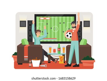 Happy male characters, two friends watching football or soccer game on TV in living room at home, vector flat style design illustration. Football fans, live soccer streaming on tv concepts.