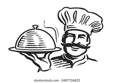 Cocinero masculino feliz que sostiene el cloche. Dibujo para el diseño de un menú de restaurante o cafetería. Ilustración vectorial de esbozo