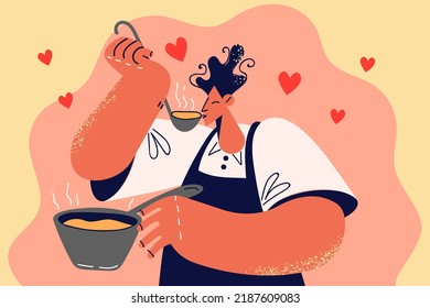 Happy male chef tasting food from pan. Smiling man in apron cooking preparing food at home. Hobby and culinary concept. Vector illustration. 