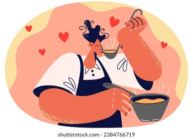 Happy male chef tasting food from pan. Smiling man in apron cooking preparing food at home. Hobby and culinary concept. Vector illustration.