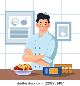 A happy male chef in uniform cooks in the kitchen. A male chef with a plate of pasta bolognese. A man cooks at home or at work. Favorite hobby, home business. Vector illustration
