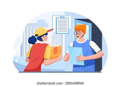 Happy male client receiving order form female courier in red uniform