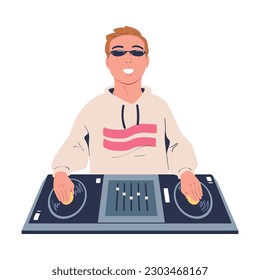 Happy male club DJ mixing modern music at console mixer cartoon vector illustratio