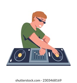 Happy male club DJ mixing modern music at console mixer at party cartoon vector illustration