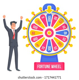 Feliz Hombres Coloridos Girando La Lotería Afortunada Con Gran Oportunidad De Éxito Vector Ilustración. Feliz Hombre Sonriente Parado Cerca De La Fortuna De Ruedas Y Ganando. Concepto de estilo plano