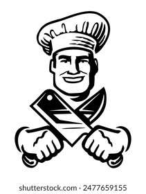 Happy male cook preparing shish kebab. Fast food restaurant emblem and logo. Vector illustration