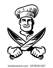 Happy male cook preparing shish kebab. Fast food restaurant emblem and logo. Vector illustration