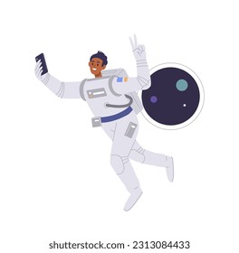 Happy male cosmonaut tourist taking selfie by mobile camera on phone during fantastic journey