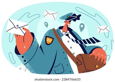 Happy male courier deliver letters to recipients. Smiling postman with post in hands. Postal delivery concept. Vector illustration.