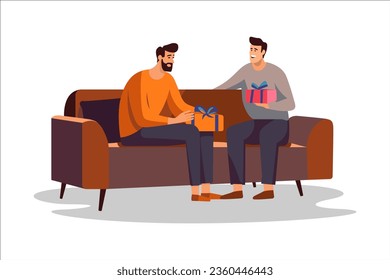 Happy male dad and son together unboxing presents. Father's day, anniversary, holiday, christmas, birthday, surprise, trendy simple vector illustration.