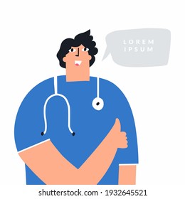 Happy male doctor showing thumbs up. Cheerful cartoon physician and speech bubble on white background. Positive therapist in medical uniform. Confident healthcare professional flat vector illustration