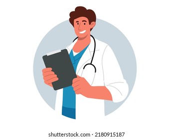 Happy male doctor in white coat holding clipboard with records.Portrait of young medic with stethoscope standing sideways and smiling.Round background.Vector flat illustration