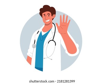 Happy male doctor in white coat and stethoscope,waving with hand and say hello.Portrait of young friendly medic standing sideways and smiling.Round background.Vector flat illustration