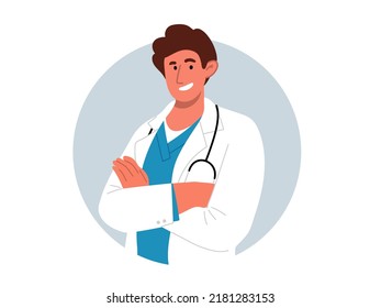 Happy male doctor in white coat with crossed arms and stethoscope.Portrait of young friendly medic standing sideways and smiling.Round background.Vector flat illustration