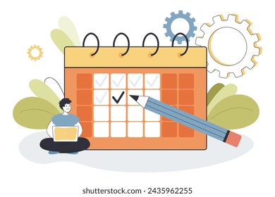 Happy male employee with laptop near huge calendar and pencil marking working days. Short working week. Vector illustration. Four day working week concept