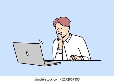 Happy male employee look at laptop screen excited with good news online. Smiling businessman shocked by pleasant message on computer. Vector illustration. 