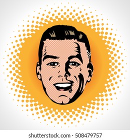 Happy Male Face, Smile Retro Vector Illustration. Smiling Man Face. Pop Art Retro Style