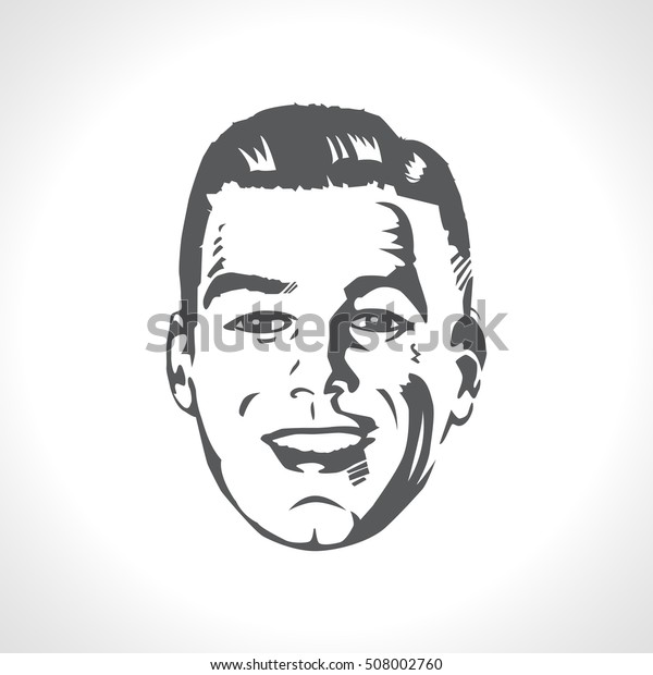 幸せな男性の顔 笑顔のレトロなベクターイラスト 笑顔の男性の顔のビンテージ線画 のベクター画像素材 ロイヤリティフリー