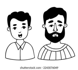 Happy Male faces. Portraits of father and son. Vector hand drawings in doodle style.