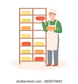 Happy Male Farmer in Apron Making Cheese Vector Illustration