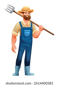 Happy male farmer with beard holding a pitchfork over shoulder in blue overalls and boots. Vector cartoon illustration