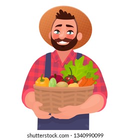 Happy male farmer holding a basket with vegetables. Useful and tasty rustic foods. Design element of a private farm. Vector illustration in cartoon style