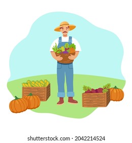 Happy male farmer holding basket with vegetables. Useful and tasty local foods. Design concept of private farm. Vector illustration in flat cartoon style