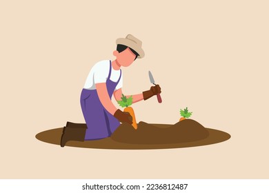 Happy male farmer with Ripe carrots in the garden. Harvesting carrots. Agriculture concept. Colored flat graphic vector illustration. 