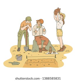 Happy male and female archaeologists researching found artifacts sketch style, vector illustration isolated on white background. Successful archeology excavation of ancient treasures