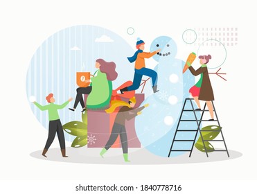 Happy male and female cartoon characters making cute snowman, playing snowballs and having fun, flat vector illustration. Winter time outdoor activities. New Year and Christmas winter holidays.