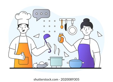 Happy male and female characters in apron are mixing ingredients to make a meal together. Smiling people cooking dessert at kitchen table on white background. Flat cartoon vector illustration
