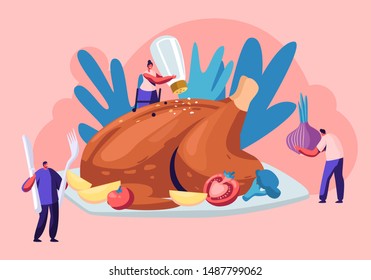 Happy Male and Female Characters Cooking Huge Thanksgiving Turkey Flavouring with Vegetables, Spices and Salt. Men and Women Family and Friends Autumn Holiday Dinner. Cartoon Flat Vector Illustration