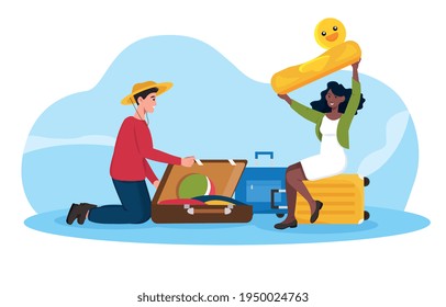 Happy Male And Female Characters Packing Luggage For Travelling. Young Man And Woman Having Problems Closing Suitcase The Right Way Because Of The Excess Of Clothes. Flat Cartoon Vector Illustration