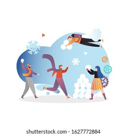 Happy male and female characters playing snowballs, vector illustration. Winter season fun, snowball fight concept for web banner, website page etc.